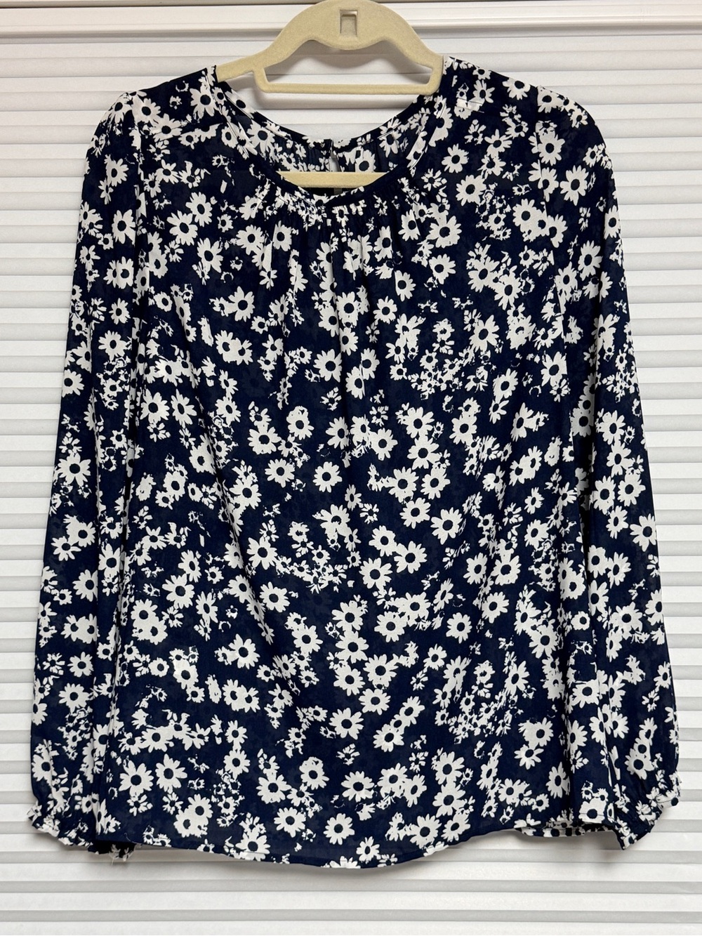 LOFT Navy and White Floral Long Sleeve Blouse - Picture 3 of 10